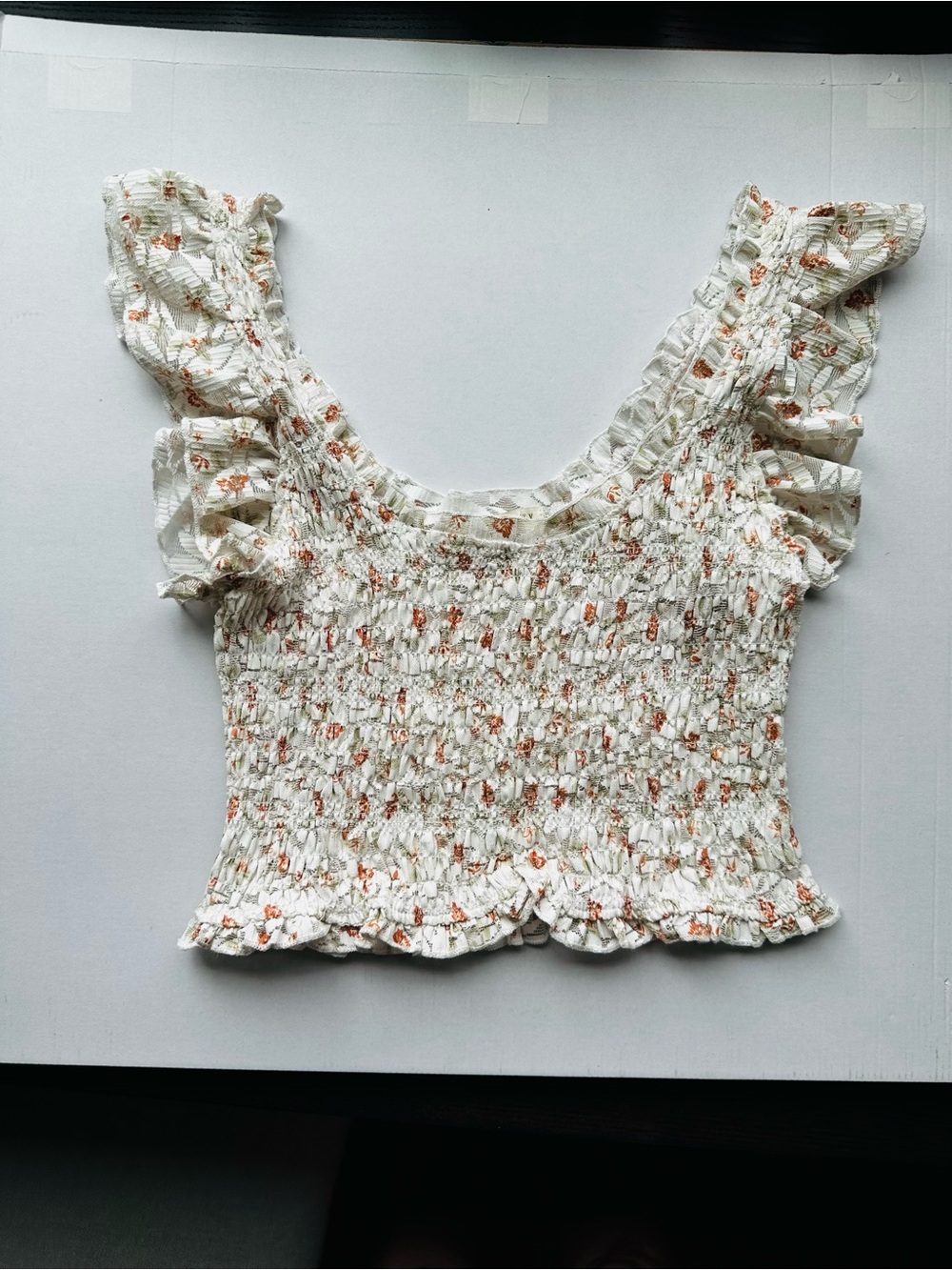 Thirty Thirty White Floral Smocked Ruffle Crop Top Coquette Size Medium
